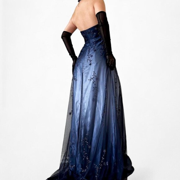 Vintage Blue Gradient Satin Mesh Floral Beaded Babydoll Style Prom Dress Size M - Picture 3 of 8